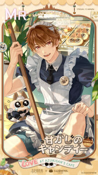 Rule 34 | 1boy, apron, artist name, azukisan, badge, bakery, black bow, black bowtie, black necktie, border, bow, bowtie, bread, broom, brown border, brown eyes, brown hair, button badge, cat, character-themed food, collar chain (jewelry), collared dress, commentary request, company name, contrast collar, copyright name, crossdressing, crossdressing (mtf), dress, feet out of frame, food, frilled apron, frills, highres, holding, holding broom, inset border, looking at viewer, luke pearce (tears of themis), maid, maid headdress, male focus, male maid, necktie, nobeko, official art, on floor, open mouth, paw print, plant, pleading eyes, potted plant, puffy short sleeves, puffy sleeves, shop, short sleeves, siam neko azukisan, siamese cat, smile, solo, tears, tears of themis, teeth, white apron, wooden floor