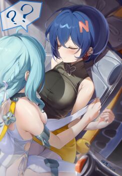 2girls ? belle_(zenless_zone_zero) black_shirt blue_hair blush breasts closed_eyes closed_mouth clothing_cutout formal_clothes hair_ornament highres hino_kagutsuki large_breasts letter_hair_ornament medium_breasts multiple_girls seed_(zenless_zone_zero) shirt short_hair side_cutout sitting skirt sleeveless sleeveless_shirt spoken_question_mark suit white_suit yellow_skirt yuri zenless_zone_zero