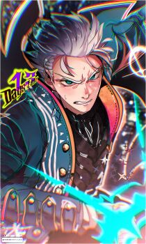 1boy black_shirt blue_eyes blue_jacket blush chromatic_aberration clenched_teeth devil_may_cry_(series) eyelashes furrowed_brow highres jacket maewenmitzuki male_focus outstretched_arm shirt short_hair solo teeth v-shaped_eyebrows vergil_(devil_may_cry) white_hair