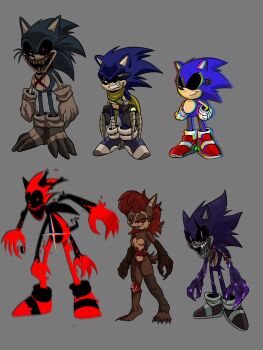 1girl 5boys black_sclera blood bloody_tears reference_sheet classic_sonic claws colored_sclera crying crying_with_eyes_open exe&#039;s_slayer_(sonic.exe) extra_arms fangs fatal_error_(sonic_form) glitch gloves guro highres im_lazy_sheck_lol leech_(sonic.exe) lord_x_(sonic.exe) multiple_boys open_mouth red_hair sally.alt_(sonic.exe) sally_acorn scar scar_on_chest sharp_teeth size_difference smile sonic.exe sonic.raw_(sonic.exe) sonic:_execution_(comic) sonic_(series) sonic_the_hedgehog sonic_the_hedgehog_(archie_comics) stitching sunglasses tears teeth tongue virus visible_muscle white_gloves x_(symbol)