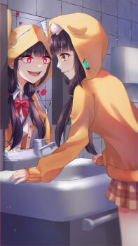 Rule 34 | 1girl, absurdres, asakura karen (heaven burns red), bathroom, black hair, bow, bowtie, commentary request, dual persona, glowing, glowing eyes, heaven burns red, highres, hood, hoodie, low twintails, mirror, mochi tsu22, red bow, red bowtie, red eyes, reflection, school uniform, sink, twintails, yellow eyes