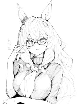 1girl animal_ears biwa_hayahide_(casual)_(umamusume) biwa_hayahide_(umamusume) breasts commentary_request glasses greyscale hair_ornament hand_up highres horse_ears horse_girl large_breasts long_hair looking_at_viewer monochrome neckerchief parted_lips short_sleeves simple_background solo suiiryu sweater umamusume upper_body
