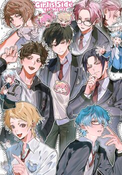 2girls 6+boys :d black_hair black_jacket black_pants blonde_hair blue_hair brown_eyes brown_hair character_request chibi chibi_inset closed_mouth collared_shirt commentary copyright_request glasses green_eyes grey_sweater hair_between_eyes hand_up highres ikaooi1 jacket long_sleeves male_focus multiple_boys multiple_girls necktie open_clothes open_jacket open_mouth outline pants parted_bangs parted_lips red_necktie school_uniform shirt short_hair sidelocks smile sweater white_outline white_shirt wing_collar