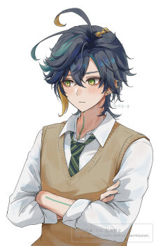 Rule 34 | 1boy, antenna hair, black hair, blonde hair, blush, brown sweater vest, closed mouth, collared shirt, commentary, crossed arms, double-parted bangs, frown, genshin impact, highres, kinich (genshin impact), long sleeves, looking to the side, male focus, multicolored hair, necktie, parted hair, shirt, sideways glance, simple background, skg g, solo, streaked hair, striped necktie, sweater vest, watermark, white background, wing collar