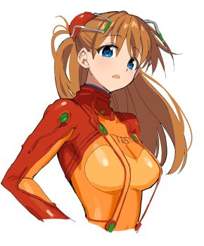 1girl 4zw89qkqagggcf7 alternate_breast_size_(larger) bodysuit breasts brown_hair commentary evangelion:_2.0_you_can_(not)_advance highres interface_headset_(evangelion) long_hair mecha_pilot_suit neon_genesis_evangelion open_mouth plugsuit_(evangelion) rebuild_of_evangelion red_bodysuit shiny_clothes simple_background solo souryuu_asuka_langley test_plugsuit_(evangelion) upper_body white_background