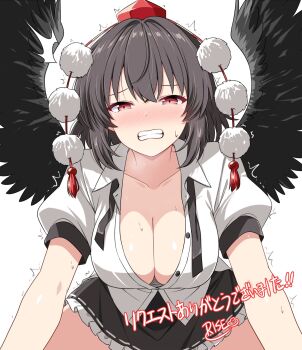 1girl bird_wings black_skirt black_wings blush breasts cleavage clenched_teeth collared_shirt commentary_request feathered_wings frilled_skirt frills hat highres large_breasts looking_at_viewer puffy_short_sleeves puffy_sleeves red_eyes red_hat ribbon-trimmed_skirt ribbon_trim rise_(rise19851203) shameimaru_aya shirt short_hair short_sleeves signature skirt solo sweat teeth tokin_hat touhou translation_request white_background white_shirt wings