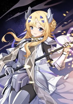Rule 34 | 1girl, armor, armored dress, blonde hair, blue eyes, braid, cape, dogmatika ecclesia the virtuous, dress, duel monster, ecclesia (yu-gi-oh!), facial mark, fake horns, forehead mark, gauntlets, hair ornament, hammer, headgear, highres, holding, holding hammer, horns, image sample, kikistark, leg armor, long hair, mihuashi sample, open mouth, shoulder armor, smile, solo, war hammer, weapon, white armor, yu-gi-oh!