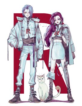 Rule 34 | 1boy, 1girl, absurdres, alternate hairstyle, artist name, belt, belt boots, belt buckle, black footwear, black gloves, black shirt, blue eyes, boots, buckle, cat, earrings, full body, gen 1 pokemon, gloves, green eyes, hair over one eye, highres, holding, holding jacket, holding unworn clothes, jacket, james (pokemon), jessie (pokemon), jewelry, long sleeves, looking at viewer, meowth, navel, nintendo, over shoulder, pinn, pokemon, pokemon (anime), pokemon (creature), purple belt, realistic, red lips, shirt, signature, skirt, stomach, team rocket, thigh boots, thighhighs, tsurime, unworn jacket, white jacket, zipper, zipper pull tab
