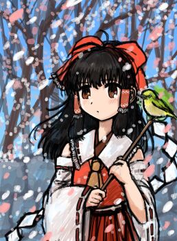 1girl animal ascot bare_tree bird commentary_request dade_ne detached_sleeves hair_ribbon hair_tubes hakurei_reimu highres long_hair looking_to_the_side one-hour_drawing_challenge red_ribbon ribbon solo touhou tree wide_sleeves yellow_ascot