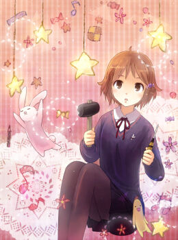 10s 1girl bad_id bad_pixiv_id brown_eyes brown_hair hair_ornament hairclip hammer makino_kanna pantyhose school_uniform screwdriver short_hair star_(symbol) stuffed_toy sweater tamako_market yakka
