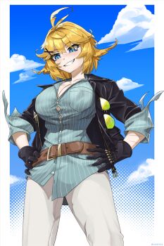 1girl ahoge belt black_gloves black_jacket blonde_hair blue_eyes breasts brown_belt button_gap cahryos cleavage cloud commission dokibird feather_hair gloves grin hands_on_own_hips indie_virtual_youtuber jacket large_breasts pants shirt smile striped_clothes striped_shirt unworn_eyewear virtual_youtuber white_pants
