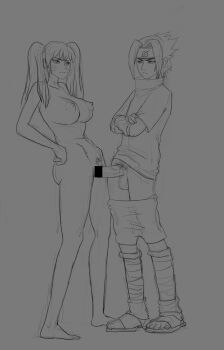 Rule 34 | 1boy, 1girl, breasts, censored, clothed male nude female, fixzhuzhu, genderswap, glaring, highres, long hair, naruto (series), nude, penis, pubic hair, pussy, sexy no jutsu, testicles, twintails, uchiha sasuke, uzumaki naruto