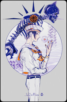 1boy 1other animal_ears asymmetrical_bangs black_hair cat_ears hat highres jojo_no_kimyou_na_bouken jojolion killer_queen kira_yoshikage_(jojolion) mizudama orange_nails pants sailor sailor_collar sailor_hat shirt short_hair skeleton skull soap_bubbles stand_(jojo) star_(symbol) white_hat white_pants white_sailor_collar white_shirt