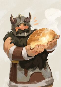 1boy absurdres arms_up beard black_hair bread brown_eyes casty_art commentary dungeon_meshi english_commentary facial_hair fake_horns food full_beard grey_background helmet highres holding holding_bread horned_helmet horns loaf_of_bread male_focus mustache photo-referenced senshi_(dungeon_meshi) solo
