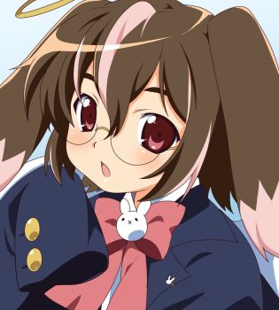 1girl 2000s_(style) animal_ears bk_(barakoodra) blush bow brown_hair commission faux_retro_artstyle halo looking_at_viewer multicolored_hair open_mouth original rabbit_ornament red_eyes solo streaked_hair vgen_commission