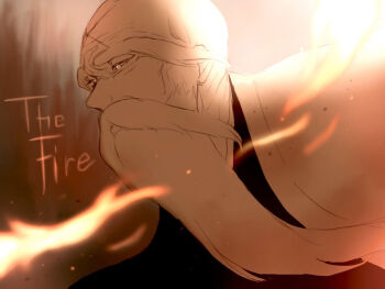 Rule 34 | 1046sstep btoh, 1boy, bald, beard, bleach, commentary request, english text, facial hair, fire, haori, japanese clothes, long beard, male focus, portrait, profile, scar, scar on face, scar on forehead, solo, taichou haori, white haori, yamamoto-genryuusai shigekuni