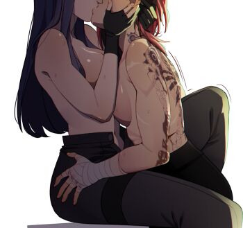 2girls arcane:_league_of_legends arcane_caitlyn arcane_vi back_tattoo between_legs black_gloves black_pants breasts caitlyn_(league_of_legends) commentary english_commentary fingerless_gloves gloves hand_on_another's_face highres kiss large_breasts league_of_legends long_hair multiple_girls omy-chan pants purple_hair red_hair simple_background sweat tattoo topless_female vi_(league_of_legends) white_background wrist_wrap yuri