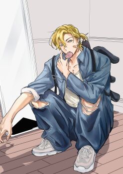 1boy bandaid bandaid_on_cheek bandaid_on_face blonde_hair blue_eyes blue_jacket blue_pants commentary degrees_of_lewdity grey_shoes jacket lollipop_in_mouth open_clothes open_jacket pants shoes solo squatting symbol-only_commentary torn_clothes torn_pants utu310 whitney_(degrees_of_lewdity) whitney_(male)_(degrees_of_lewdity)