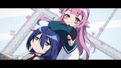 1boy 2girls animated aoi_haruto_(grisaia) aqua_eyes blonde_hair blue_hair blush_stickers breast_rest breasts breasts_on_head grabbing_own_breast grey_eyes grisaia_(series) grisaia_phantom_trigger hairband heart hetero highres ikoma_yuuki indoors kujirase_christina_sakurako large_breasts long_hair multiple_girls multitasking pink_eyes pink_hair short_hair sitting sound tagme video writing