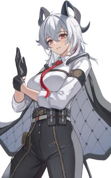 1girl armband belt belt_pouch black_gloves black_pants breasts button_gap cape collared_shirt commentary_request cowboy_shot curled_horns gloves grin hair_between_eyes highres horns korean_commentary large_breasts long_hair long_sleeves looking_at_viewer multicolored_hair necktie pants pouch red_eyes red_necktie senkou_noah shirt simple_background smile solo streaked_hair white_background white_hair white_shirt wuthering_waves zani_(wuthering_waves)