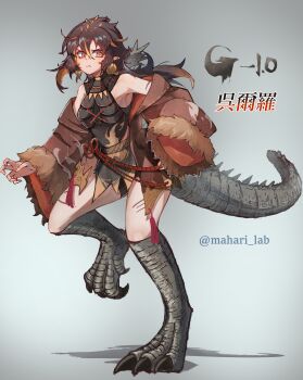 Rule 34 | 1girl, absurdres, animal feet, animal legs, artist name, brown hair, character name, copyright name, cosplay, dinosaur feet, dinosaur girl, dinosaur legs, dinosaur tail, fur-trimmed sleeves, fur trim, genderswap, genderswap (mtf), godzilla, godzilla (cosplay), godzilla (series), godzilla minus one, highres, japanese clothes, japanese text, kaiju, kimono, long hair, mahari lab, monster girl, multicolored hair, one-piece swimsuit, open clothes, open kimono, orange hair, personification, pointy ears, scar, scar on arm, scar on leg, scar on shoulder, scar on thighs, shadow, simple background, slit pupils, spikes, streaked hair, swimsuit, tail, toho, two-tone hair, variant set