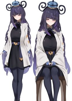 1girl 258n aged_up alternate_breast_size_(larger) alternate_hair_length alternate_hairstyle belt belt_buckle black_dress black_pantyhose blue_gloves blunt_bangs blush breasts buckle chair closed_mouth coat commentary dress english_commentary eyelashes gloves gwynn_(pokemon) hat highres large_breasts light_smile long_hair long_sleeves looking_at_viewer multiple_views nintendo o-ring o-ring_belt on_chair open_clothes open_coat pantyhose partially_fingerless_gloves pokemon pokemon_legends:_z-a purple_eyes purple_hair sitting very_long_hair white_background white_coat