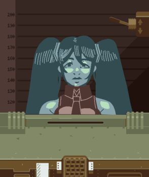 1girl aqua_hair commentary desk english_commentary expressionless grey_shirt hatsune_miku indoors intercom looking_at_viewer papers_please parody pixel_art shioinu_kemushi shirt sleeveless sleeveless_shirt solo speaker standing straight-on style_parody switch twintails upper_body vocaloid wing_collar worldwide_miku