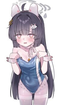 1girl adjusting_clothes adjusting_leotard ahoge animal_ear_hairband animal_ears black_hair blue_archive blue_leotard blush breasts bright_pupils cleavage commentary_request covered_navel cowboy_shot fake_animal_ears fake_tail grey_halo hair_intakes hair_ornament hairband halo hands_up highres korean_commentary leaf leaf_on_head leaning_forward leotard long_hair looking_at_viewer miyu_(blue_archive) neck_ribbon open_mouth orange_eyes panties panties_under_pantyhose pantyhose playboy_bunny polka_dot polka_dot_panties polka_dot_ribbon rabbit_hair_ornament rabbit_tail raised_inner_eyebrows ribbon simple_background small_breasts solo standing straight_hair strapless strapless_leotard sweat tail thighband_pantyhose ttubbip underwear very_long_hair white_background white_hairband white_panties white_pantyhose white_pupils white_ribbon white_wrist_cuffs wispy_bangs wrist_cuffs
