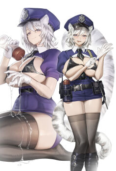 1girl absurdres adjusting_clothes adjusting_gloves animal_ears belt between_breasts bikini black_belt black_bikini black_boots black_necktie black_thighhighs blue_skirt boots bottle breast_cutout breasts commentary english_commentary full_body gloves green_eyes grey_hair hat highres huge_breasts large_breasts legs_together leopard_ears leopard_girl leopard_tail looking_at_viewer lotion_bottle lubrication micro_bikini miniskirt necktie necktie_between_breasts original police police_hat police_uniform policewoman puffy_short_sleeves puffy_sleeves short_hair short_sleeves skindentation skirt smile snow_leopard_ears snow_leopard_girl snow_leopard_tail spotted_tail standing strap_gap swimsuit tail thigh_gap thighhighs veksoo white_gloves white_hair wing_collar