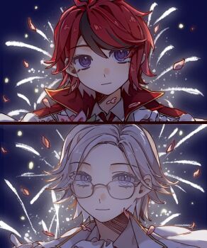 2boys aerial_fireworks aotsuki_eito black_streaks blue_background blue_eyes chinese_commentary coat collared_shirt commentary_request falling_petals fireworks glasses grey_hair highres jacket looking_at_viewer looking_over_eyewear male_focus multicolored_hair multiple_boys official_alternate_costume petals red_hair shirt short_hair smile split_screen streaked_hair suanxingtangshui sumino_takumi the_hundred_line_-last_defense_academy- two-tone_hair variant_set white_coat white_shirt