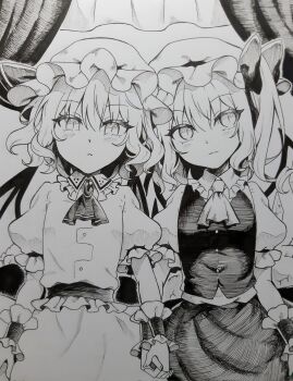 Rule 34 | 2girls, ascot, bat wings, beni kurage, bow, brooch, closed mouth, collared shirt, commentary request, crystal, crystal wings, flandre scarlet, frilled shirt collar, frills, greyscale, hat, hat bow, hat ribbon, highres, holding hands, interlocked fingers, jewelry, looking at viewer, mob cap, monochrome, multiple girls, one side up, puffy short sleeves, puffy sleeves, remilia scarlet, ribbon, shirt, short sleeves, siblings, sisters, skirt, smile, touhou, vest, wings, wrist cuffs