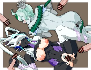 2girls absurdres anus ass black_bodysuit blush bodysuit breasts breasts_out censored closed_eyes covered_eyes female_focus foreskin handjob helmet helmet_over_eyes highres icejade_aegirine icejade_gymir_aegirine jadec large_breasts long_hair lying mask mask_on_head mask_over_one_eye monster_girl mouth_mask multiple_girls navel nipples open_mouth penis pubic_hair puffy_nipples rape see-through_clothes see-through_mask sidelocks swordsoul_(yu-gi-oh!) swordsoul_of_mo_ye torn_bodysuit torn_clothes twintails veins veiny_penis white_hair yu-gi-oh!