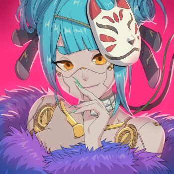 Rule 34 | 1girl, absurdres, bare shoulders, blue hair, blue nails, breasts, cable, choker, closed mouth, coat, collarbone, cyberpunk, cyborg, double bun, fang, fox mask, fur coat, hair bun, hair ornament, hand to own mouth, highres, inami yoki, indie virtual youtuber, looking at viewer, mask, medium breasts, orange eyes, pink lips, purple fur, red background, risza perdhana, smile, solo, studded choker, white choker
