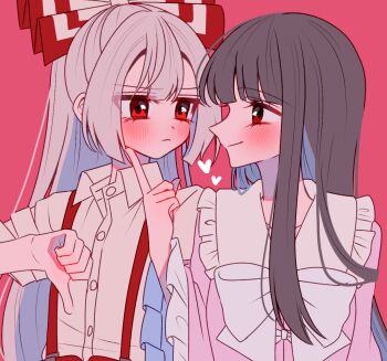 2girls blush bow bowtie closed_mouth collared_shirt commentary_request eye_contact frilled_shirt_collar frilled_sleeves frills fujiwara_no_mokou grey_hair hair_bow heart houraisan_kaguya light_frown light_smile long_hair long_sleeves looking_at_another multiple_girls pink_background pink_shirt red_eyes shirt simple_background suspenders tamiko_(tamik0224) thumbs_down torn_clothes torn_sleeves touhou very_long_hair white_bow white_bowtie white_shirt wide_sleeves yuri