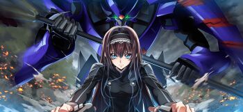 1girl artist_request black_hairband black_shirt blue_eyes breasts brown_hair buttons closed_mouth code_geass code_geass:_lost_stories controller dust embers eye_trail female_focus foreshortening frilled_hairband frills game_cg gem glowing glowing_eyes green_eyes hair_between_eyes hair_intakes hairband highres holding holding_polearm holding_weapon joystick leaning_forward light_trail long_hair long_sleeves looking_at_viewer maya_disel mecha medium_breasts motion_blur non-web_source official_art orange_gemstone outdoors outstretched_arms polearm robot serious shirt sidelocks solo sougetsu_(code_geass) straight-on upper_body v-shaped_eyebrows very_long_hair weapon