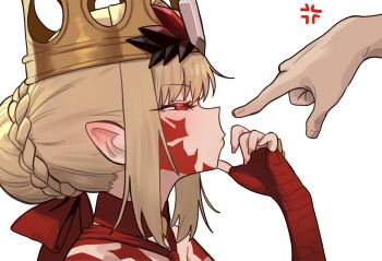 1girl 1other absurdres anger_vein bad_link bare_shoulders blonde_hair braid crown dress ebora facial_mark fate/grand_order fate_(series) highres medium_hair nero_claudius_(fate) pointy_ears queen_draco_(fate) queen_draco_(first_ascension)_(fate) red_dress red_eyes red_scales scales solo_focus