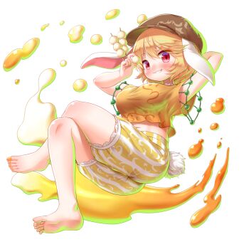 1girl animal_ears arinu arms_behind_head barefoot blonde_hair blush breasts brown_hat newsboy_cap crop_top dango feet fingernails floppy_ears food full_body game_cg grin hair_between_eyes hakurei_frontier_spell_strive hat holding holding_food large_breasts looking_at_viewer midriff nail_polish navel official_art orange_nails orange_shirt rabbit_ears rabbit_tail red_eyes ringo_(touhou) shirt short_hair short_sleeves shorts skewer smile soles solo striped_clothes striped_shorts tail third-party_source toenail_polish toenails toes touhou transparent_background wagashi yellow_shorts