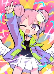Rule 34 | 1girl, absurdres, angel wings, black choker, blush stickers, chibi, choker, confetti, datenshi-chan (nanawo akari), double bun, fang, feathered wings, green trim, hair bun, hair ornament, hairclip, highres, hood, hood down, hoodie, index finger raised, indie utaite, nanawo akari, one eye closed, open clothes, open hoodie, open mouth, pink background, pink hair, pleated skirt, pocket, pointing, pointing up, purple hoodie, richard (richaball), short hair, sidelocks, skirt, solo, sparkle, stage lights, white skirt, white wings, wings