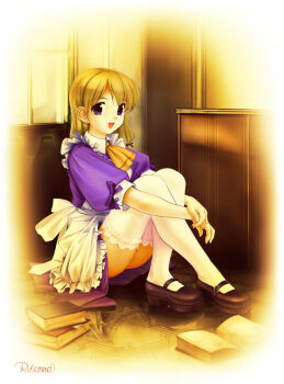 1girl 2000s_(style) apron archived_source artist_name ascot black_shoes blonde_hair book character_request collared_shirt copyright_request dress hugging_own_legs indoors knees_up maid_apron mary_janes open_book open_mouth puffy_sleeves purple_dress purple_eyes rosanna_(mt3t-njr) shirt shoes sitting sleeve_bow thighhighs waist_apron white_apron white_thighhighs window yellow_ascot zettai_ryouiki