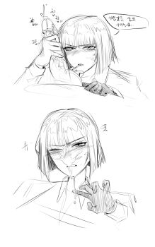 1boy 1girl absurdres blush bob_cut cigarette commentary_request cum cum_on_body erection facial gloves greyscale hai000_0 handjob heart hetero highres korean_commentary korean_text limbus_company long_sleeves looking_at_viewer monochrome open_mouth precum project_moon ryoshu_(project_moon) short_hair simple_background single_glove smoke smoking speech_bubble sweat translation_request uncensored veins