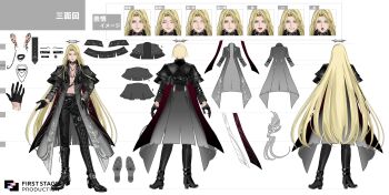 1boy :d :o ^_^ absurdres androgynous arm_belt arm_strap ashkariel asymmetrical_footwear belt_collar black_boots black_choker black_coat black_gloves black_halo black_pants blonde_hair boots chain chest_strap choker closed_eyes coat collar commentary company_logo curtained_hair ear_ornament english_commentary first_stage_production from_behind full_body gem gloves goth_fashion gradient_coat green_eyes grey_coat grin halo high_heels highres jewelry jinkei lace-up_boots lapels light_smile long_hair male_focus multiple_expressions multiple_necklaces multiple_views necklace no_shirt o-ring o-ring_arm_strap o-ring_strap o-ring_thigh_strap official_art open_clothes open_coat open_mouth pants parted_bangs raised_inner_eyebrows red_gemstone reference_sheet second-party_source silver_trim single_thigh_boot smile spiked_halo spiked_necklace standing thigh_boots thigh_strap toned toned_male translation_request turnaround u_u uneven_footwear very_long_hair virtual_youtuber white_background