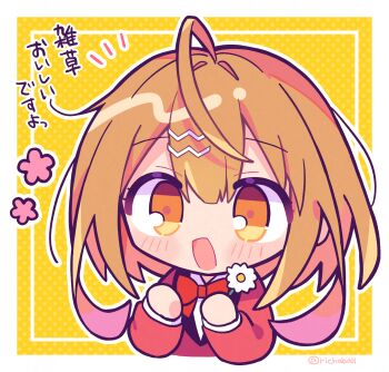 1girl :d ahoge ball_hands blush border bow bowtie brown_hair chibi chibi_only commentary_request cropped_torso double-parted_bangs flower flower_symbol hair_ornament hairclip hand_up highres holding holding_flower jacket koyoi_mo_ore_wa_joshikousei_to_zassou_(bansan)_wo_sagasu long_hair long_sleeves looking_at_viewer notice_lines open_mouth orange_eyes outline outside_border polka_dot polka_dot_background red_bow red_bowtie red_jacket richard_(richaball) smile solo takaba_hinata translation_request twitter_username white_border white_flower white_outline yellow_background