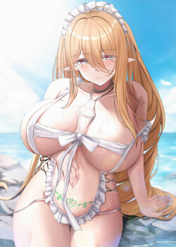 1girl absurdres apron azur_lane blonde_hair blurry blurry_background blush breasts collarbone curvy gouden_leeuw_(an_intimate_cleaning)_(azur_lane) gouden_leeuw_(azur_lane) highres huge_breasts kanesada_dp long_hair looking_at_viewer maid_headdress mole mole_under_eye nearly_naked_apron official_alternate_costume outdoors pointy_ears pubic_tattoo solo tattoo