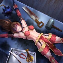 Rule 34 | 1girl, armor, armpits, bad end, bad tag, bdsm, bikini armor, bikini top, bondage, bound, brown hair, captured, clenched teeth, crying, crying with eyes open, defeat, drooling, eternal dread, female warrior, game over, horror (theme), imminent death, imminent penetration, imminent rape, lying, midriff, navel, on back, pear of anguish, peeing, peeing out of fear, restrained, restrained arms, restrained legs, ryona, scalpel, scared, scared expression, skinny female, stationary restraints, sweat, tears, teeth, tied up, torture, torture chamber, torture rack, wide-eyed, wide eyes