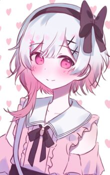 1girl black_hairband black_ribbon book_off closed_mouth collared_shirt commentary_request gradient_hair hair_ornament hairband heart highres looking_at_viewer mahou_shoujo_no_majo_saiban multicolored_hair neck_ribbon official_alternate_costume pink_eyes pink_hair pink_shirt ribbon sakuraba_ema shirt short_hair smile solo upper_body white_hair x_hair_ornament yuzuame_(yuzuame_16)