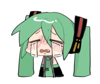 >_< 1girl chibi chibi_only collared_shirt cropped_torso crying detached_sleeves fang green_hair hair_ornament hatsune_miku headphones kyomu_305 necktie open_mouth shirt sleeveless sleeveless_shirt solo streaming_tears tears twintails vocaloid