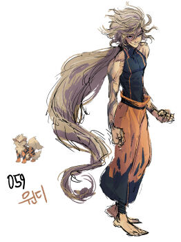 Rule 34 | 1boy, arcanine, arm tattoo, barefoot, black shirt, clenched hands, closed mouth, covered pectorals, full body, gen 1 pokemon, grey hair, highres, long hair, nintendo, orange pants, pants, pectorals, personification, pokemon, ponytail, reference inset, shirt, simple background, tamtamdi, tattoo, toned, toned male, translated, very long hair, white background