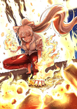 Rule 34 | 1girl, absurdres, blush, bow, breasts, commentary, commentary request, ddok, english commentary, fire, flaming hand, fujiwara no mokou, grey hair, grin, hair bow, highres, long hair, looking at viewer, medium breasts, mixed-language commentary, ofuda, ofuda on clothes, pants, ponytail, pyrokinesis, red eyes, red pants, shirt, short sleeves, smile, solo, squatting, torn clothes, torn sleeves, touhou, very long hair, white shirt