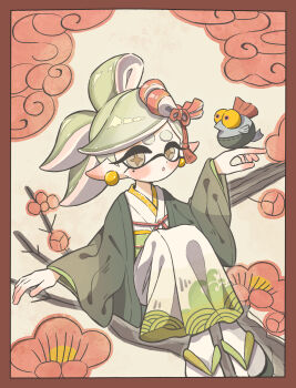 1girl blush border branch commentary_request full_body green_hair highres inkling japanese_clothes kimono long_hair looking_at_viewer marie_(splatoon) mole mole_under_eye nintendo osakanagumi11 pointy_ears red_border sandals short_eyebrows sitting sitting_on_branch smallfry_(splatoon) solo splatoon_(series) tabi tentacle_hair thick_eyebrows wide_sleeves zouri