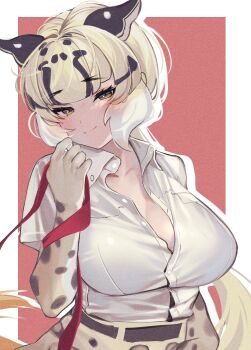 Rule 34 | 1girl, a888 n22, alternate breast size (larger), animal ears, animal print, belt, black hair, blonde hair, blush, border, breasts, buttons, closed mouth, clouded leopard (kemono friends), collared shirt, commentary request, elbow gloves, gloves, green eyes, hand up, highres, holding, holding necktie, holding unworn clothes, kemono friends, large breasts, leopard ears, leopard print, long hair, looking at viewer, low ponytail, multicolored hair, necktie, outside border, partially unbuttoned, ponytail, print gloves, print skirt, shirt, skirt, smile, solo, unworn clothes, unworn necktie, upper body, very long hair, white border, white hair, white shirt, wing collar
